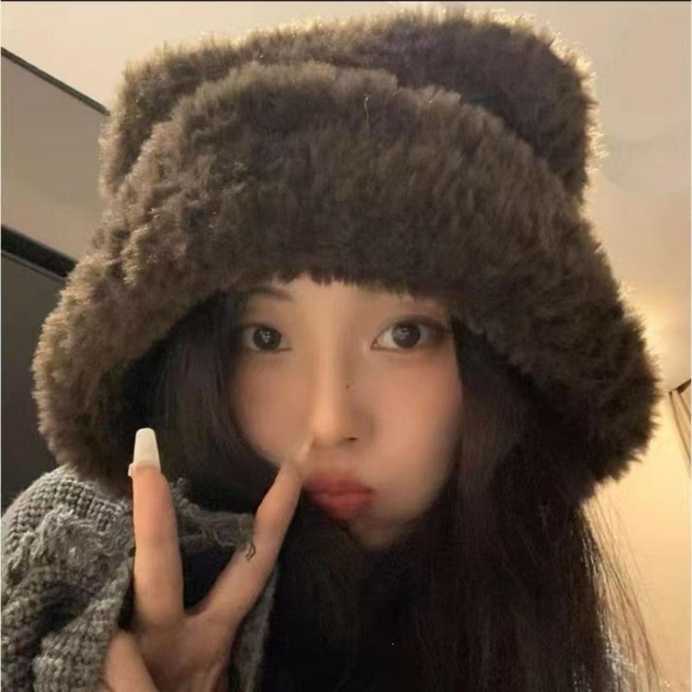 Lace-up Ear Protection Hat Warm Plush Beanie Cap Cute Bear Ears Knit Hat Cold Weather