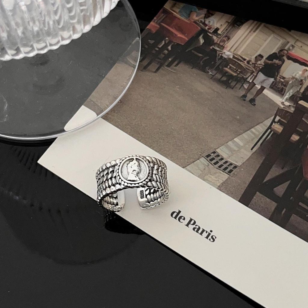 Yinruitai S925 Sterling Silver Wide Band Ring: Women's Retro Fashion Open Finger Ring, Trendy Index Finger Accessory.