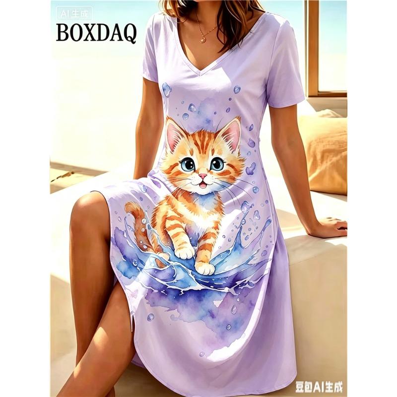 Women 3D Cats Print Dress Fashion 2026 Funny Kawaii V-Neck Home Dress Female Clothing Plus Size Summer Casual Short Sleeve Dress