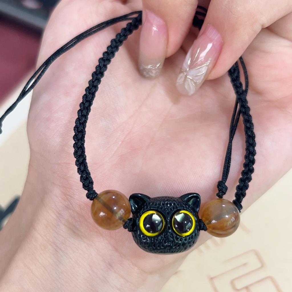 Sweet and cool little meow ins niche design black sandalwood kitten woven bracelet couple gift monster