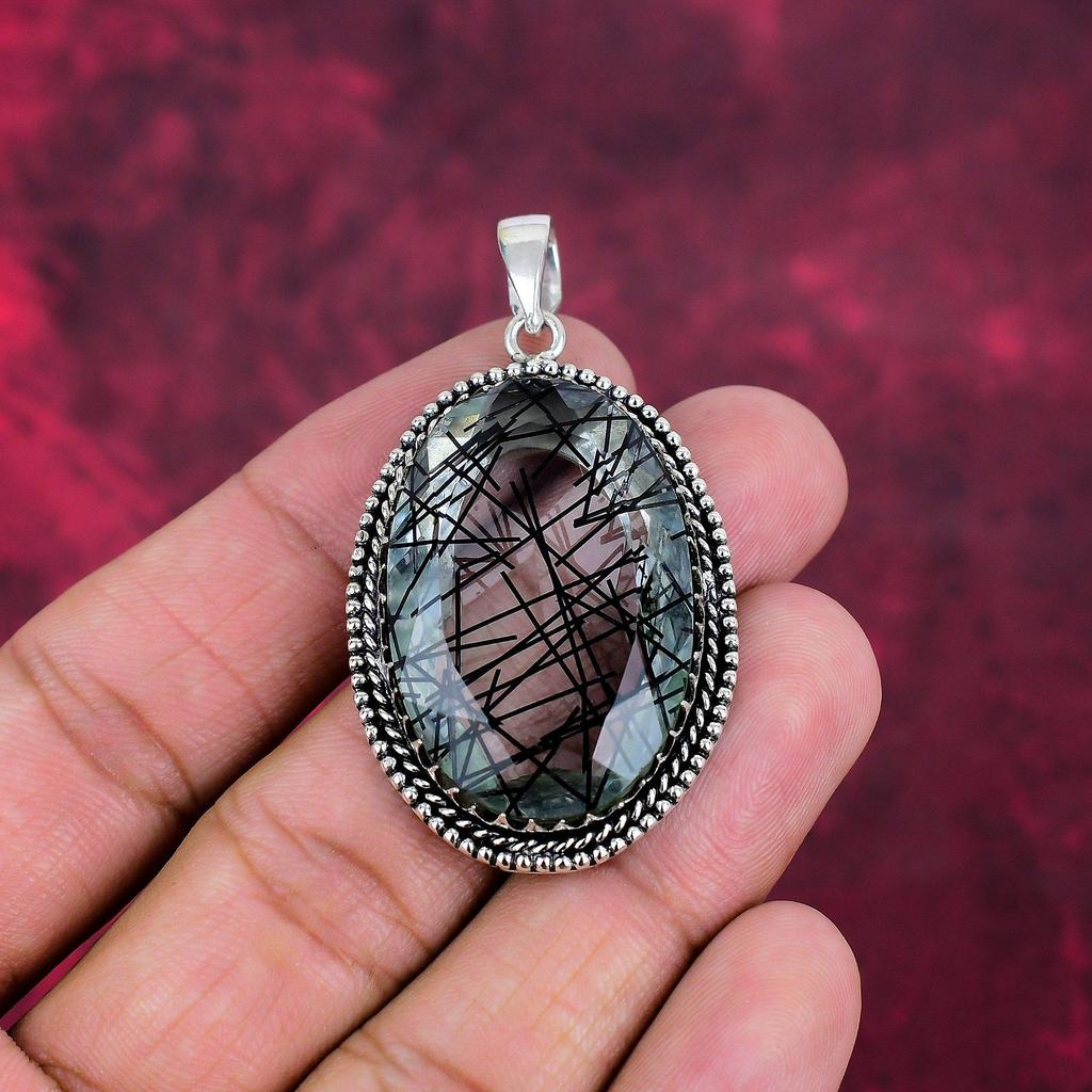 Pandantiv din rutil negru, bijuterii din argint 925 cu pietre prețioase, pandantiv lucrat manual, pentru Ziua Recunoștinței