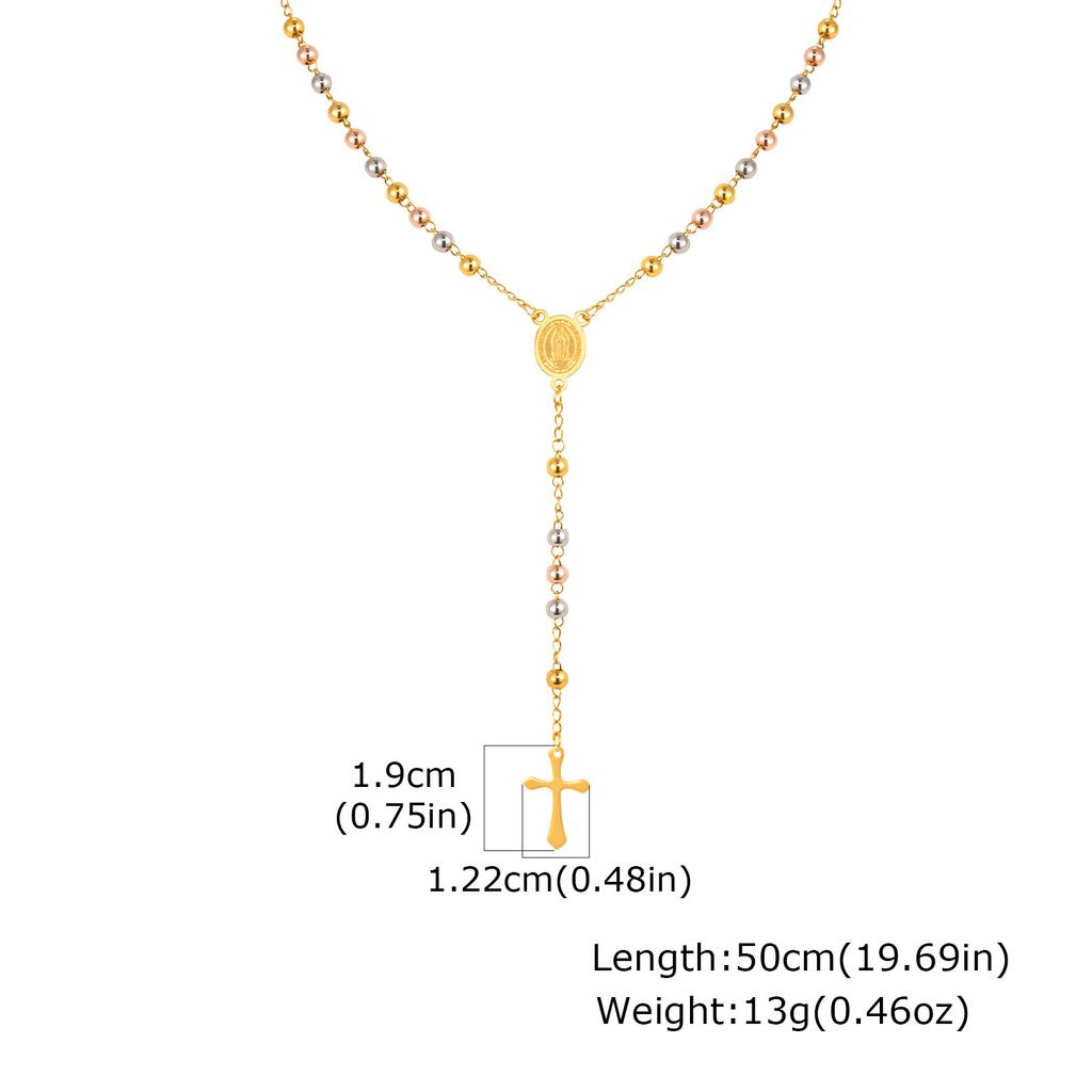 Stainless Steel Three-Color Rosary Virgin Oval Cross Y-Shaped Gold Necklace