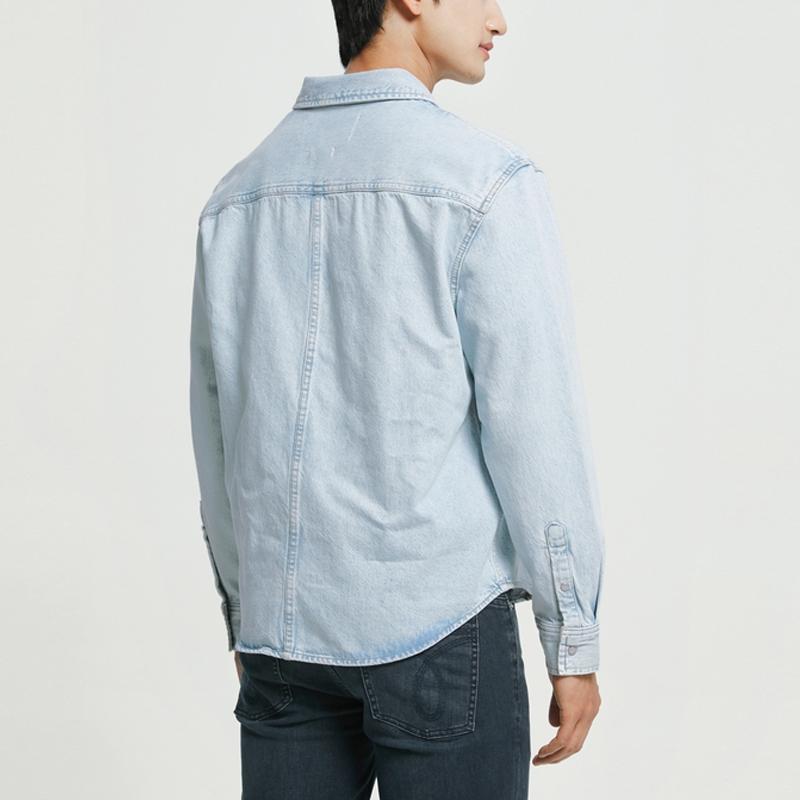 Calvin Klein Solid Single-Breasted Point Collar Long Sleeve Denim Shirt With Square Pockets Men Tops Light-Blue J320536-1AA