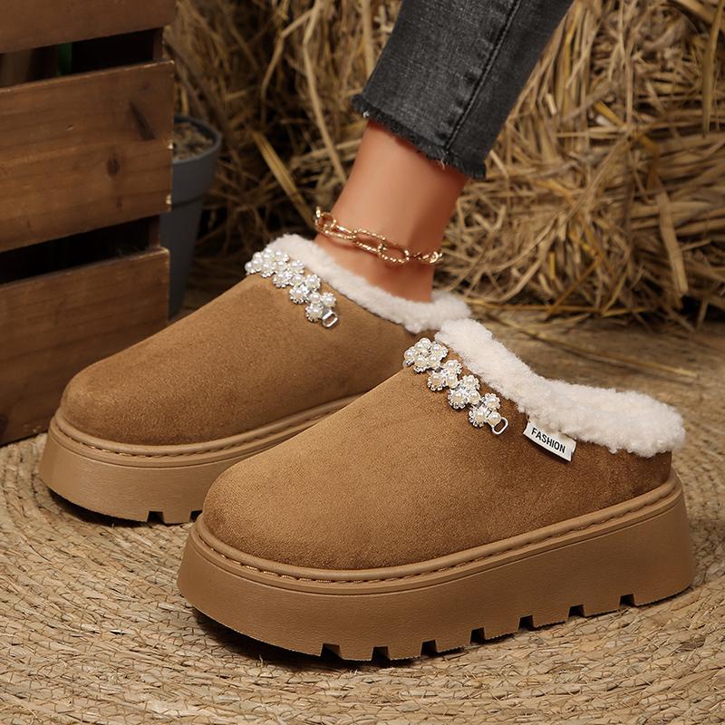 Fashion Pearls Decor Cotton Platform Slippers Women Autumn Winter Plush Warm Cotton Shoes Woman Plus Size Anti Slip Snow Boots Female