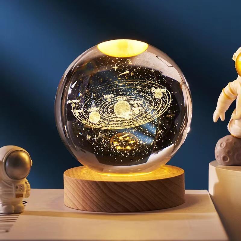 Crystal Ball With Wood Stand Laser Engraved 6CM Glass LED Crystal Ball Souvenir Gifts Home Decor Star Moon Night Light