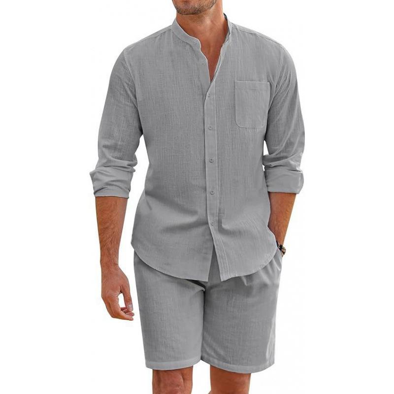 Men's Summer Polyester Two-Piece Set Long Sleeve Button-Up Shirt and Shorts for Casual Beachwear
