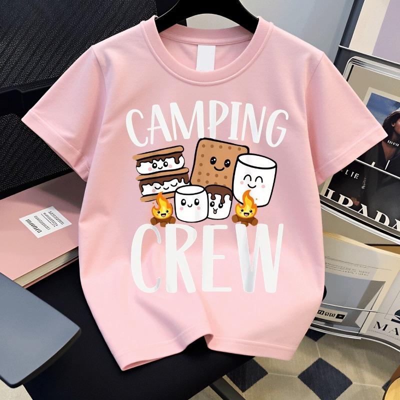 Boys Crewneck Short Sleeve Tee, Camping Crew S'Mores Campfire Lion Tiger Dinosaur Graphic Casual Tops