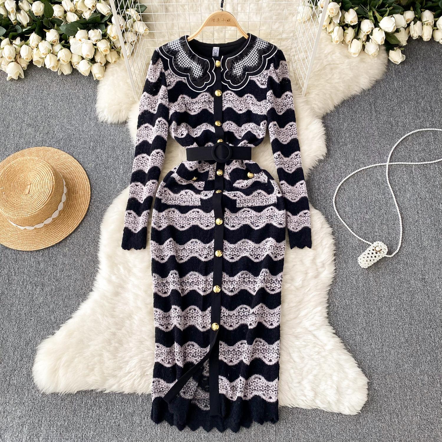 

Новые женские полосатые флокированные кружевные вечерние платья, винтажные тонкие облегающие платья-карандаш миди с длинными рукавами S розовый