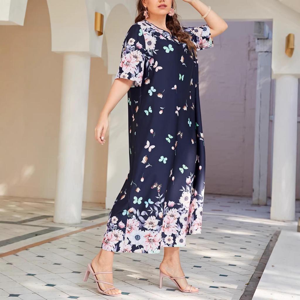 Plus Size V-Neck Short Sleeve Printed Pullover Dress - Spring/Summer Style