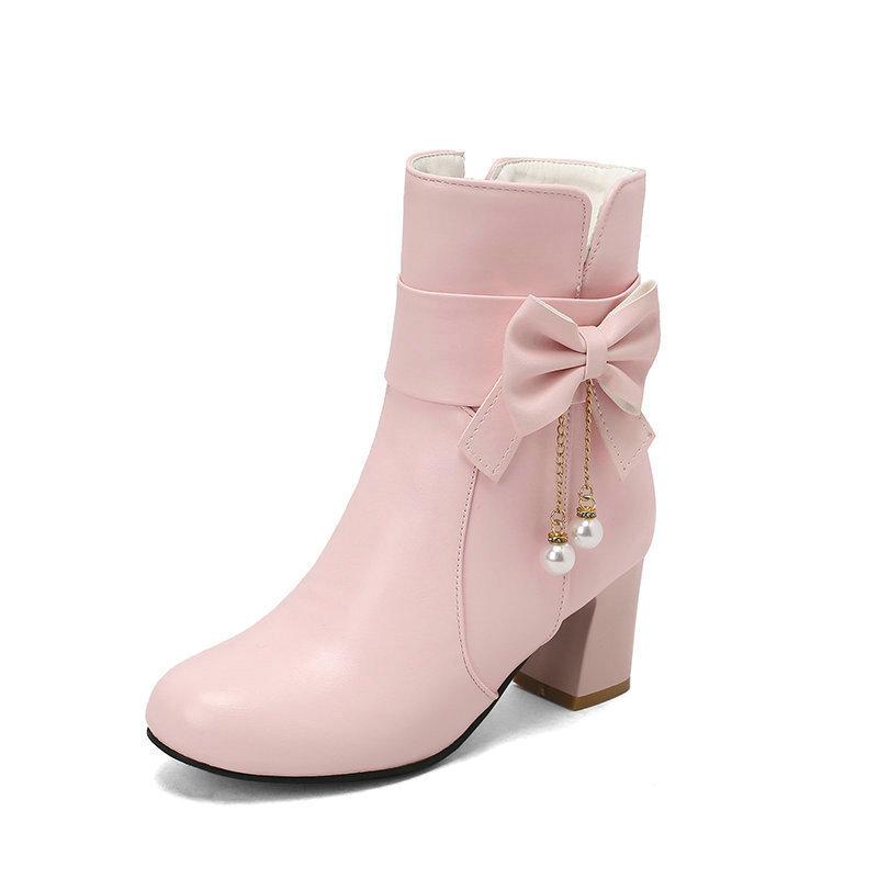 Short Boots Autumn and Winter New Sweet High Heels Thick Heel Martin Boots Women's Short Boots Women's Boots Medium Heel Short Boots Women's Shoes