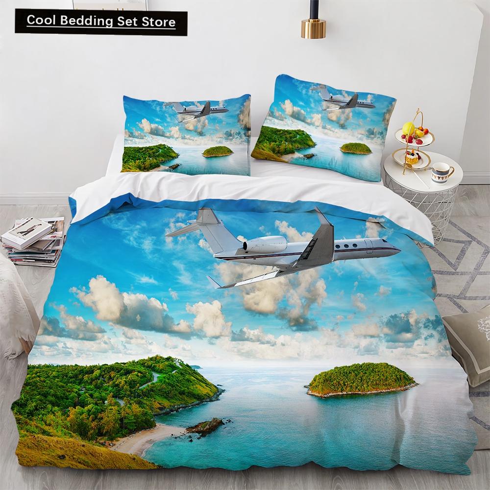 3D Airplane King Queen Duvet Cover Pink Airliner Bedding Set for Adults Sky Sea Natural Landscape 2/3pcs Polyester Quilt Cover