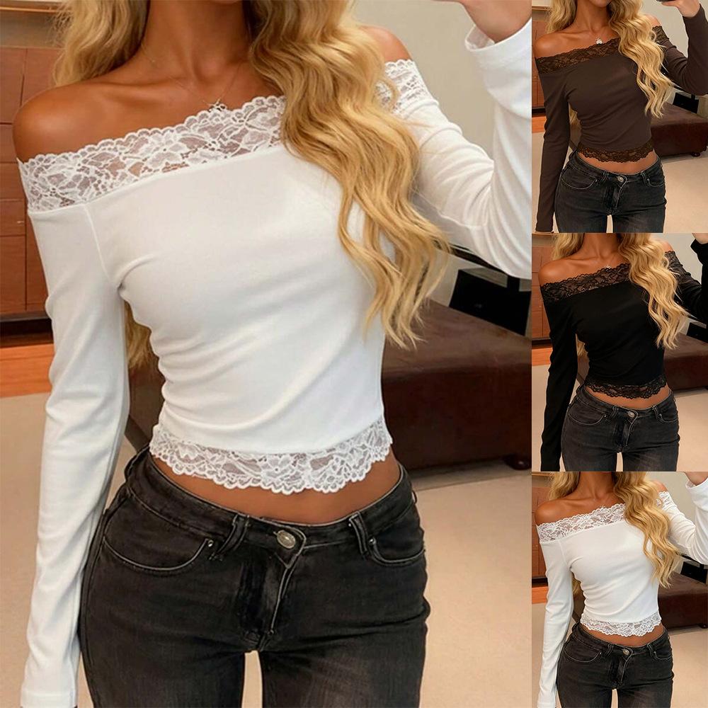 Herbst 2026 neu Europäisch und Amerikanisch grenzüberschreitend TK Damenbekleidung Langarm Spitze Enges T-Shirt Y2K One-Shoulder Top