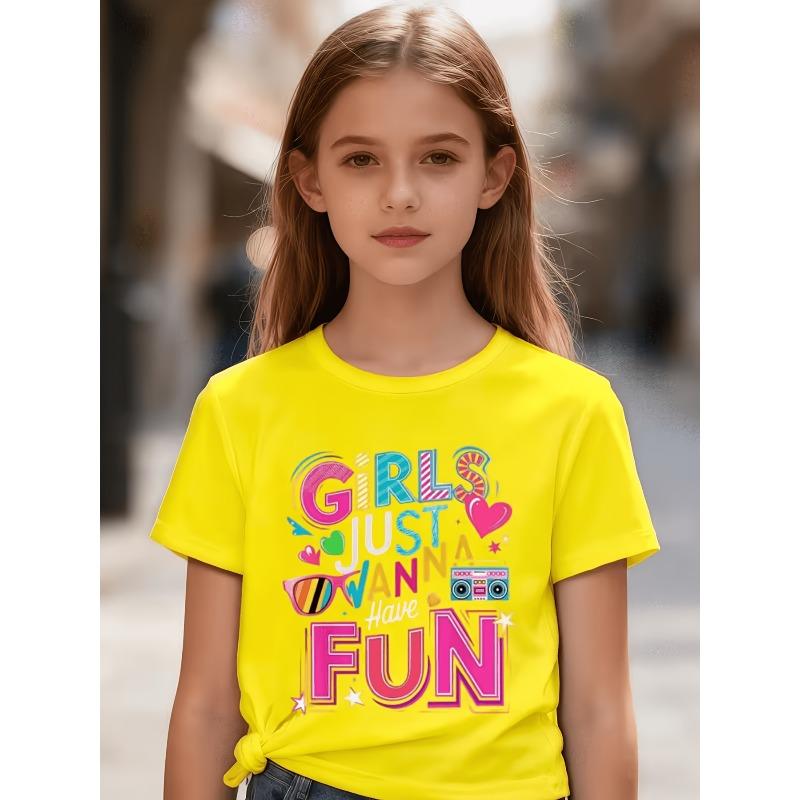 European Size Girls Round-neck Short-sleeved T-shirt with Unique English Patterns Girls Just Wanna Have Fun