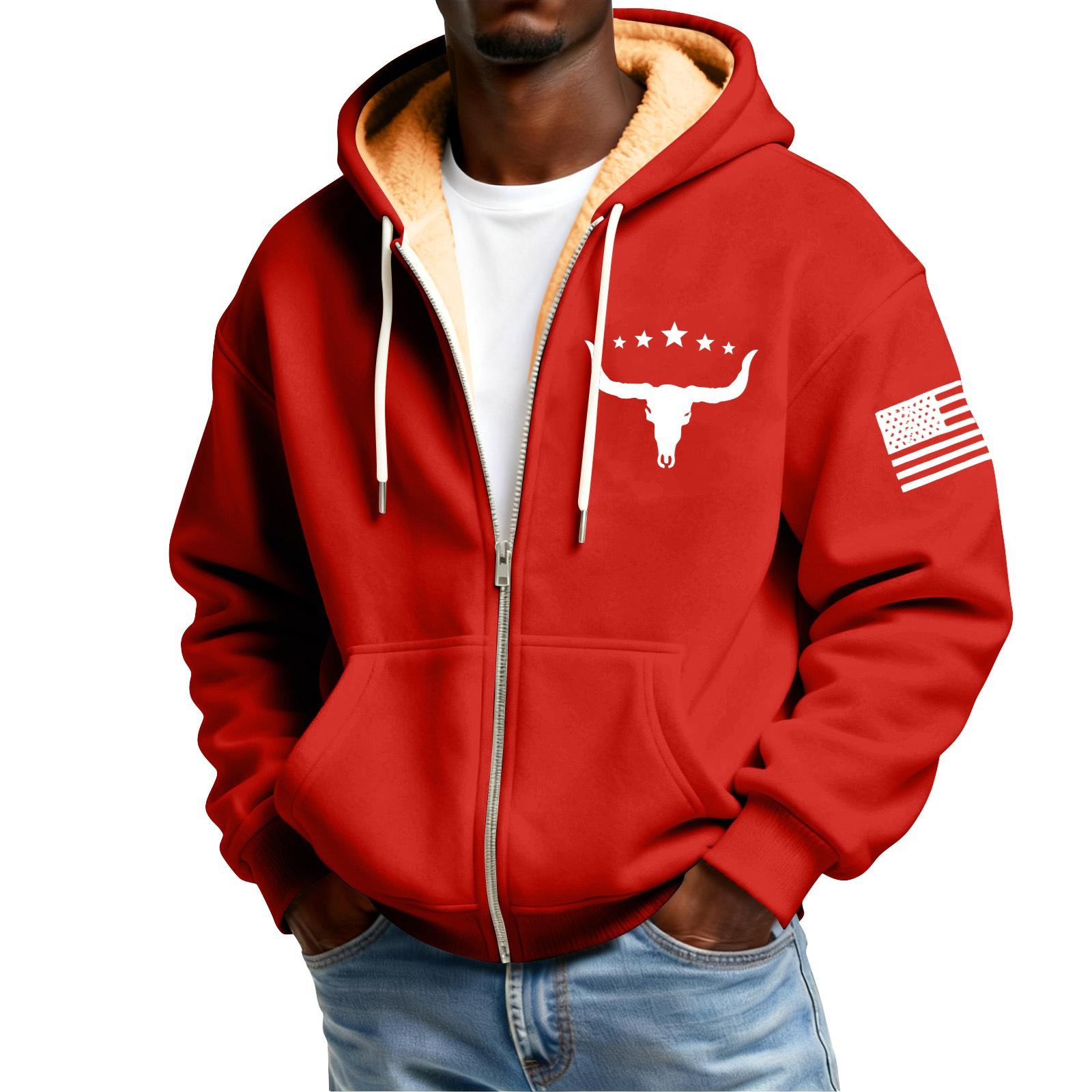 

Men s Print Fleece-Lined Zip-Up Pocket Hooded Sweatshirt Cardigan Men s Casual Sweatshirt Cardigan M червоний