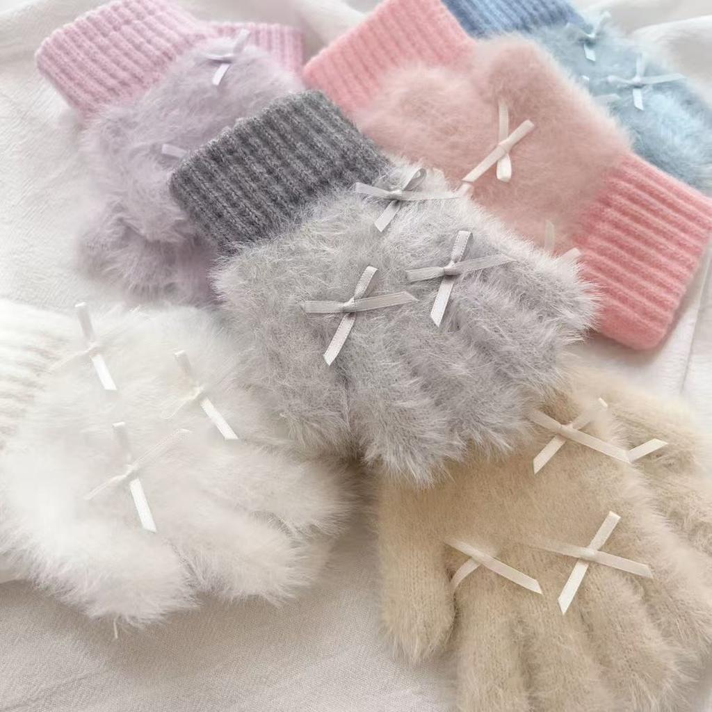 Rękawiczki z kokardą z futra królika Jesienno-zimowe dziecięce niemowlęce pogrubione ciepłe futrzane pięciopalcowe rękawiczki