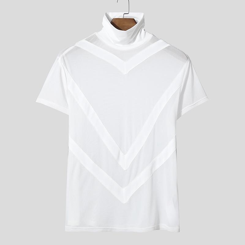 

INCERUN Летние мужские футболки с высоким воротом и коротким рукавом, сетчатые прозрачные футболки белый