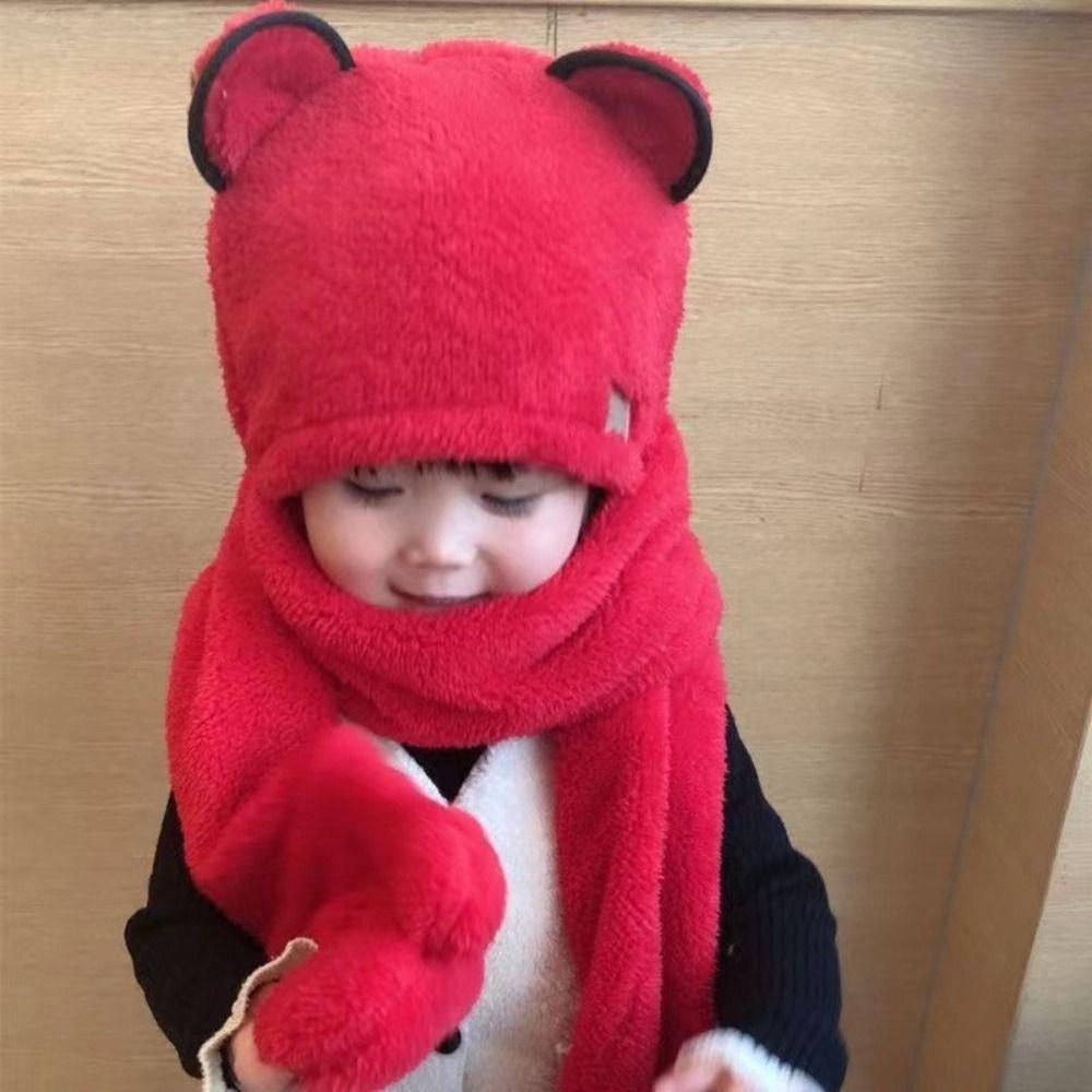 Soft Warm One-Piece Hats Scarf Gloves Plush Ear Protection Hats Lovely Baby Bear Ears Hat Kids