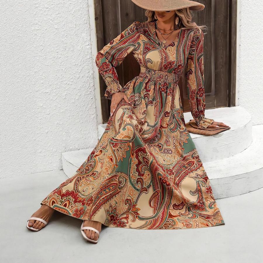 Autumn Sale Women's Printed V-Neck Long Sleeve Maxi Dress
