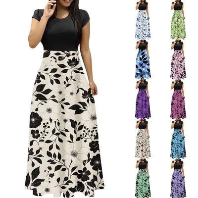 Women's Fashion Casual Loose Printed Round Neck Short Sleeve Long Dresses Short Sleeve Long Dresses