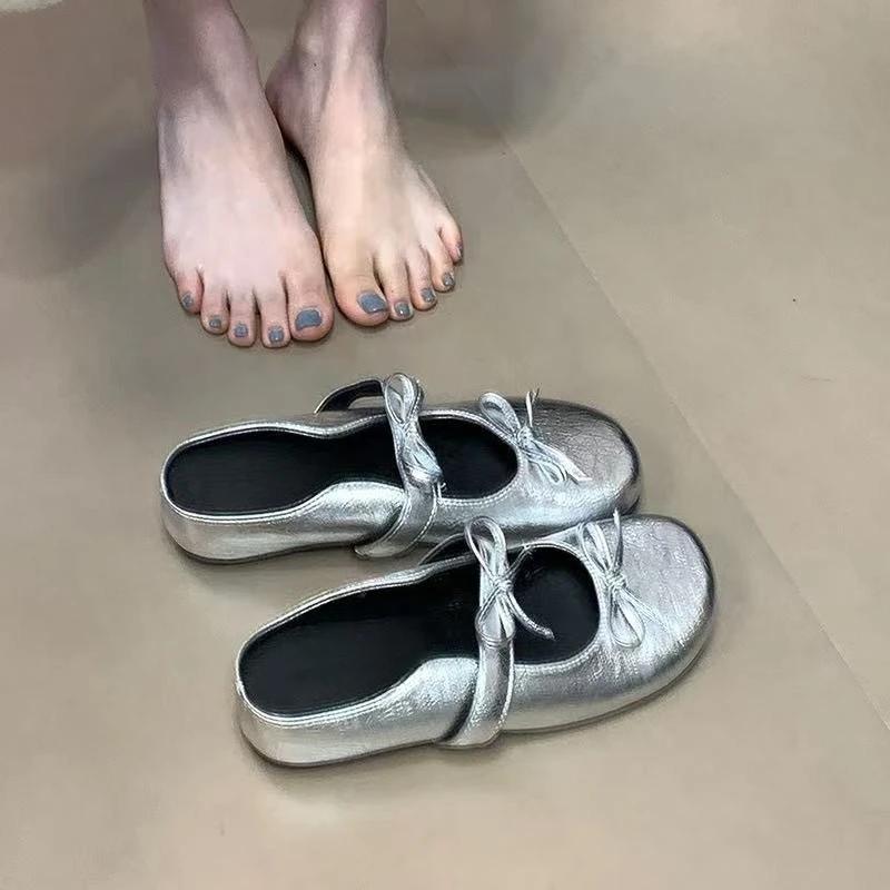 Fashion Flat Inside Increase Slippers Summer New Round Head Shallow Mouth Suede Butterfly Knot Soft Sole Non-slip Shoes