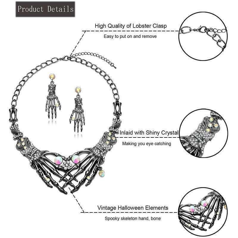 Halloween Skeleton Hand Necklace Earrings Set Rhinestone Gothic Jewelry Alloy Costume Party Accessories for Women/Men