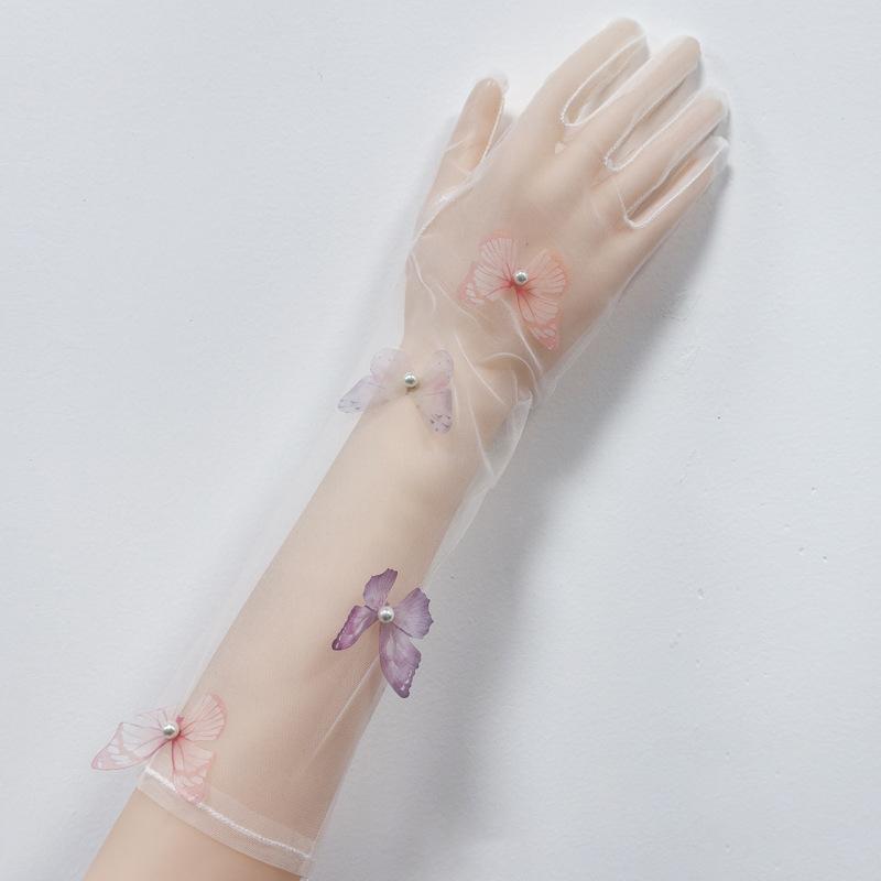 

White Bridal Wedding Dress Full Finger Mittens Lace Mesh Short Thin Transparent Gloves Exquisite Decor Accessories Gloves