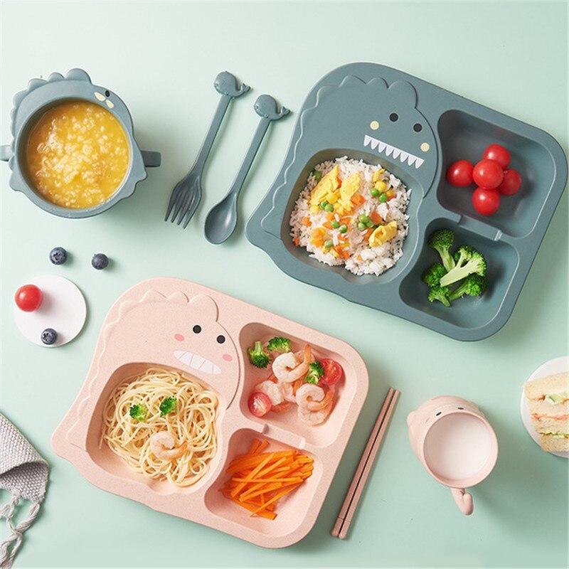 2021 Baby Dinosaur Tableware 6 Piece Set Children's Dinner Plate Grid Home Creative Cartoon Environmentally Friendly Feeding Dis