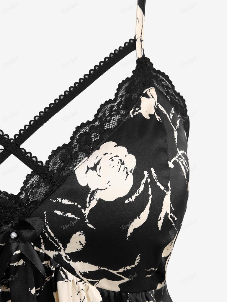 Rosegal Plus Size Rose Flower Print Lace Trim Crisscross Ruched Bowknot Camisole Set(Adjustable Shoulder Strap)