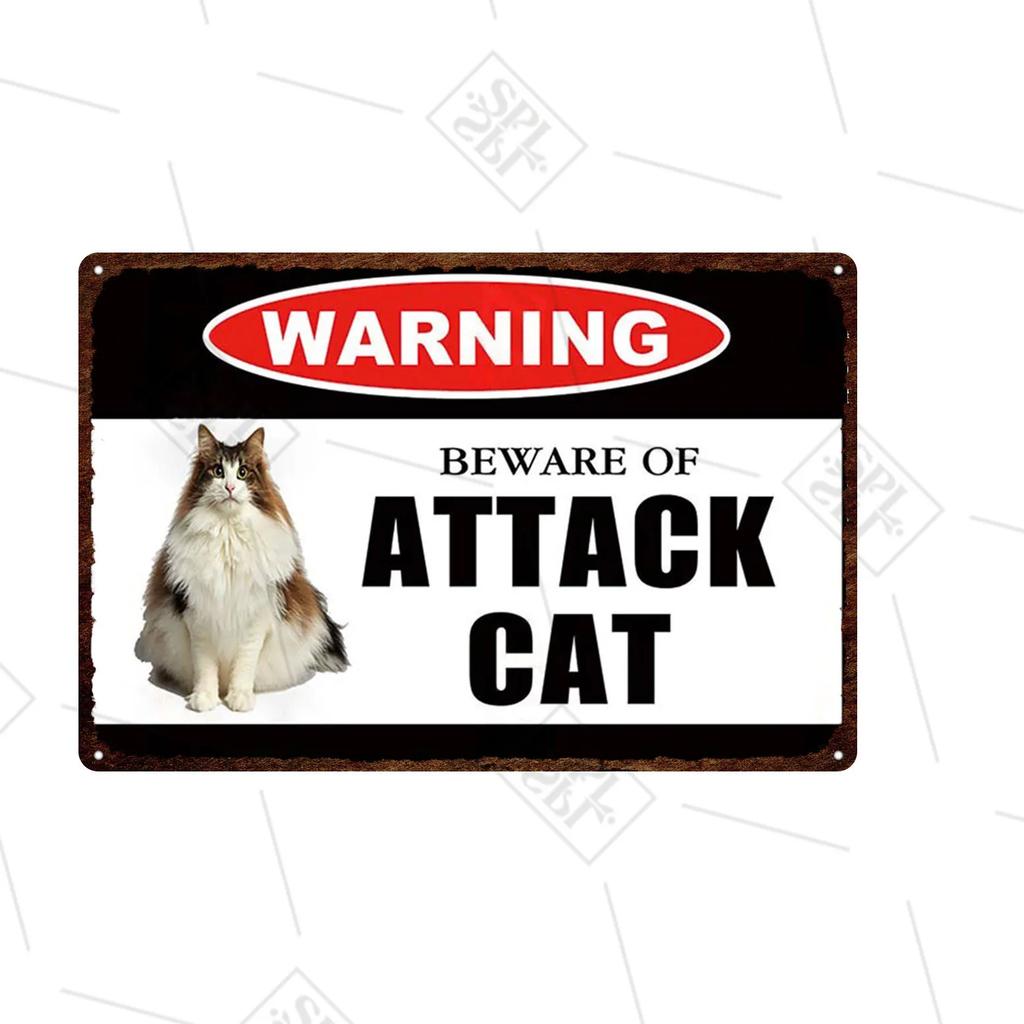 Pet Shop Warning Sign Beware of The Attack Cat Metal Sign Animals Tin Plate Pet Shop Wall Sticker Decoration Vintage Home Decor