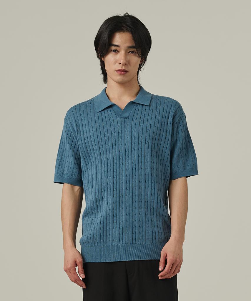 ANALOG MOOD Cable Open Collar Short Sleeve Knit (Blue)
