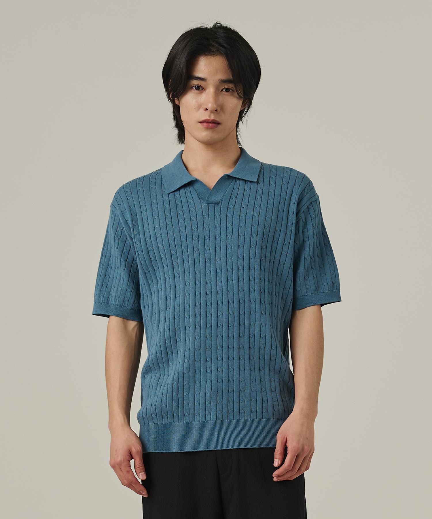 Analog Mood Cable Open Collar Short Sleeve Knit (Blue) Free
