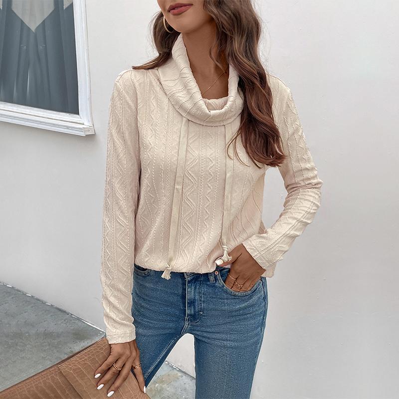 Women's Fashion Casual Solid Color Print Spring Autumn Long Sleeve High Neck Pullovers & Long Sleeves
