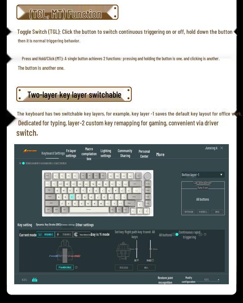 Attack Shark K85 Gaming Mechanical Keyboard - Magnetic Switch, Custom PBT Keycaps, 82 Keys, RGB, Adjustable Actuation.