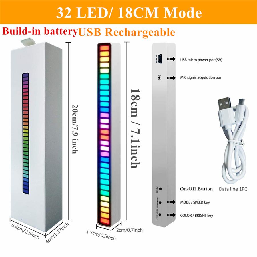 Car Sound Control Rechargeable Light RGB Voice-Activated Music Rhythm Ambient Light with 32 LED 18 Colors Car Home Decoration Lamp