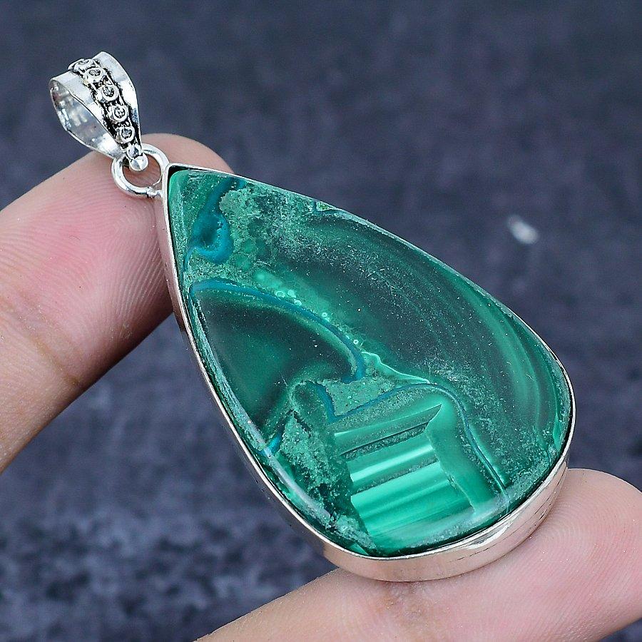 Malachite Gemstone 925 Sterling Silver Jewelry Pendant 2.40"