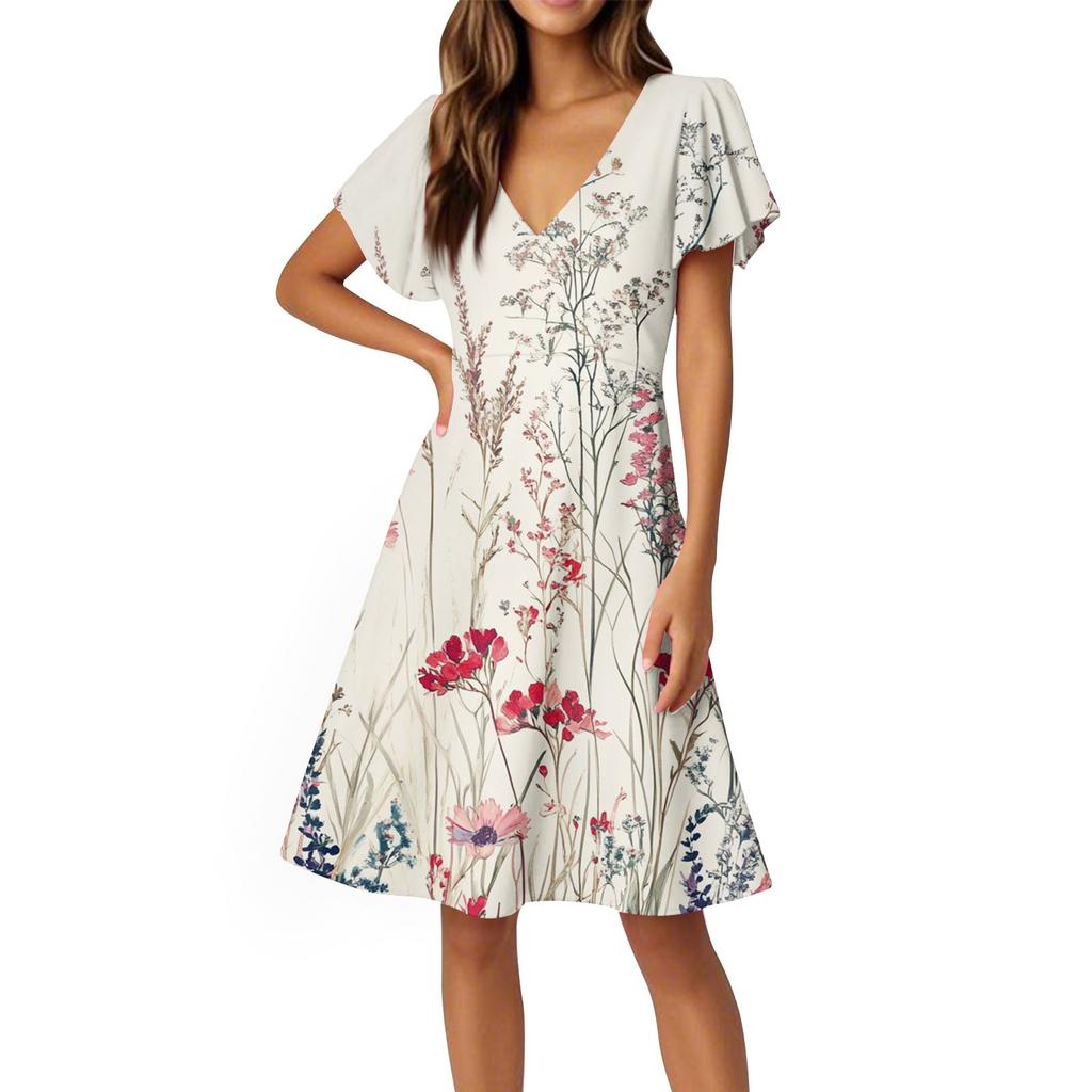 Women's Dress Flared Sleeve Short Sleeve Casual Floral V-neck Dress