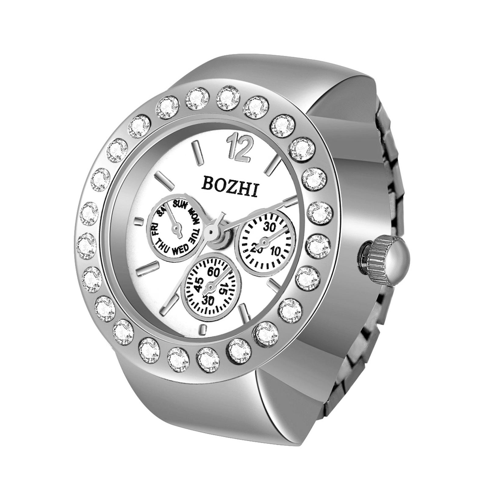 

Женские Мужские Кольцо-Часы на Палец Роскошный Циферблат с Цирконами Эластичный Браслет Кварцевые Аналоговые Часы серебряный