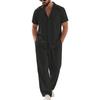 Men's Linen Two-Piece Set Short Sleeve Shirt Open Collar Button Front Top with Long Pants Lightweight Casual Beachwear Outfit