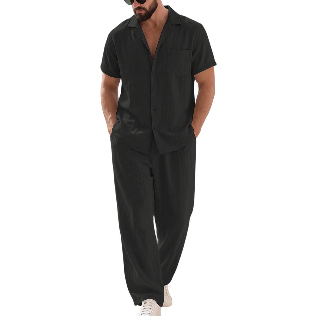 Men's Linen Two-Piece Set Short Sleeve Shirt Open Collar Button Front Top with Long Pants Lightweight Casual Beachwear Outfit