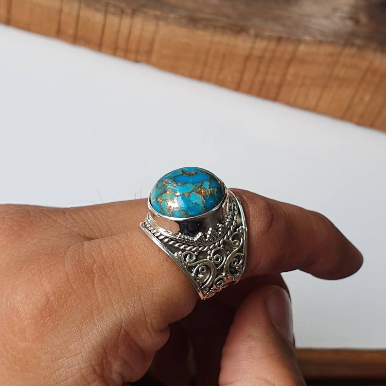Blauer Kupfer Türkis Stapelring, handgefertigter Schmuck, 925 Sterling Silber Boho Ring, Jubiläumsring, Geschenk für Ihn
