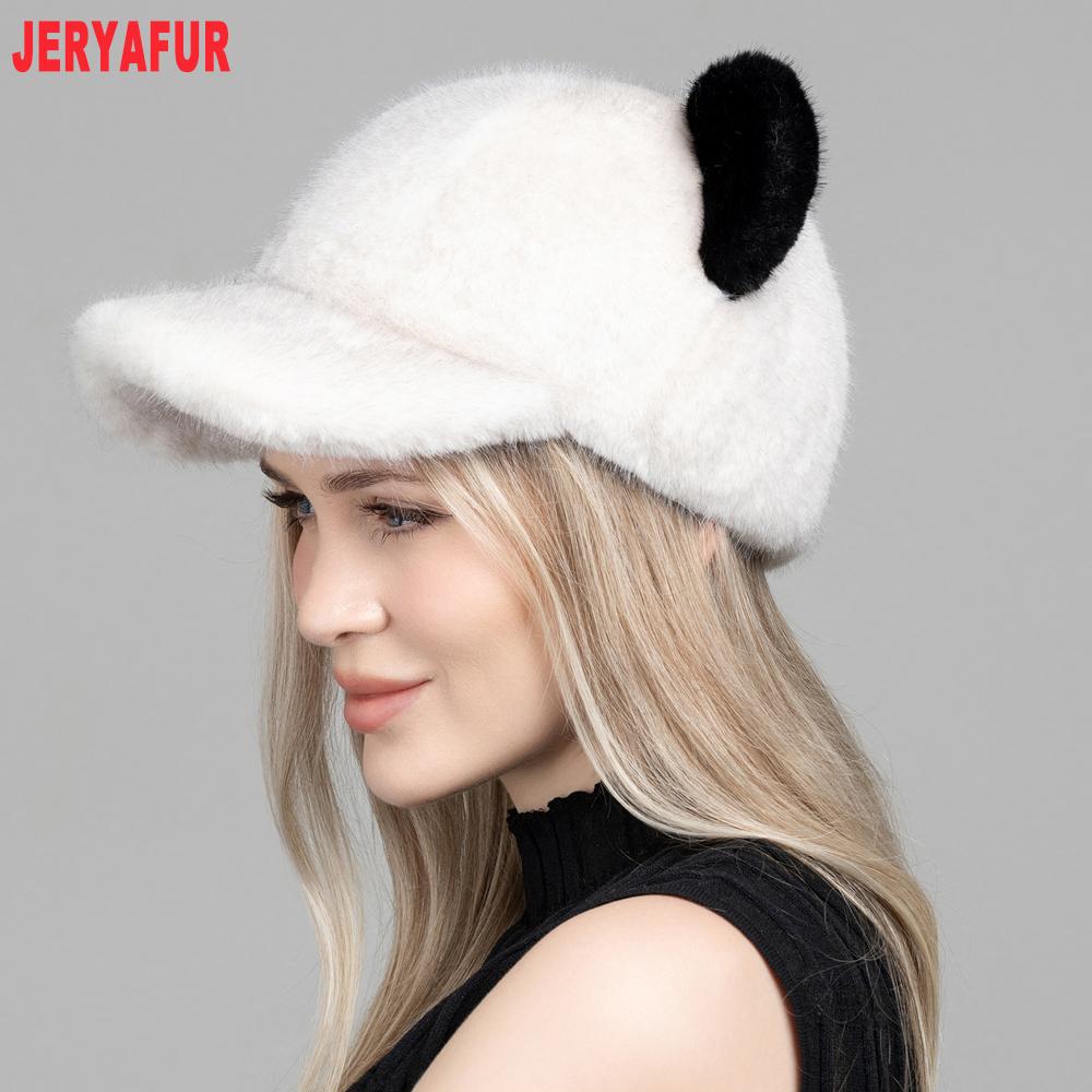 Women White Faux Fur Baseball Cap, Curved Brim Hat with Black Pom‑pom, Soft Plush Winter Ladies Cap, 55‑60cm Head Circumference