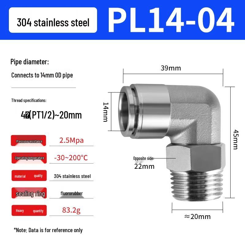 304 Stainless Steel Pneumatic Quick Push-in Connector, PC16-06/PC8-02 Swivel Elbow, PL6-M5/04