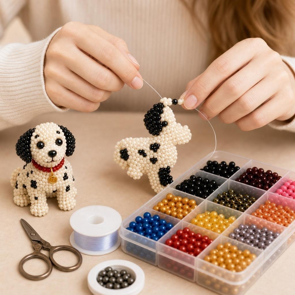 3D Beaded Dog DIY Kit 4 Piece Set Includes Beads String Scissors Instructions for Handmade Bead Craft Projects and Creative Activities