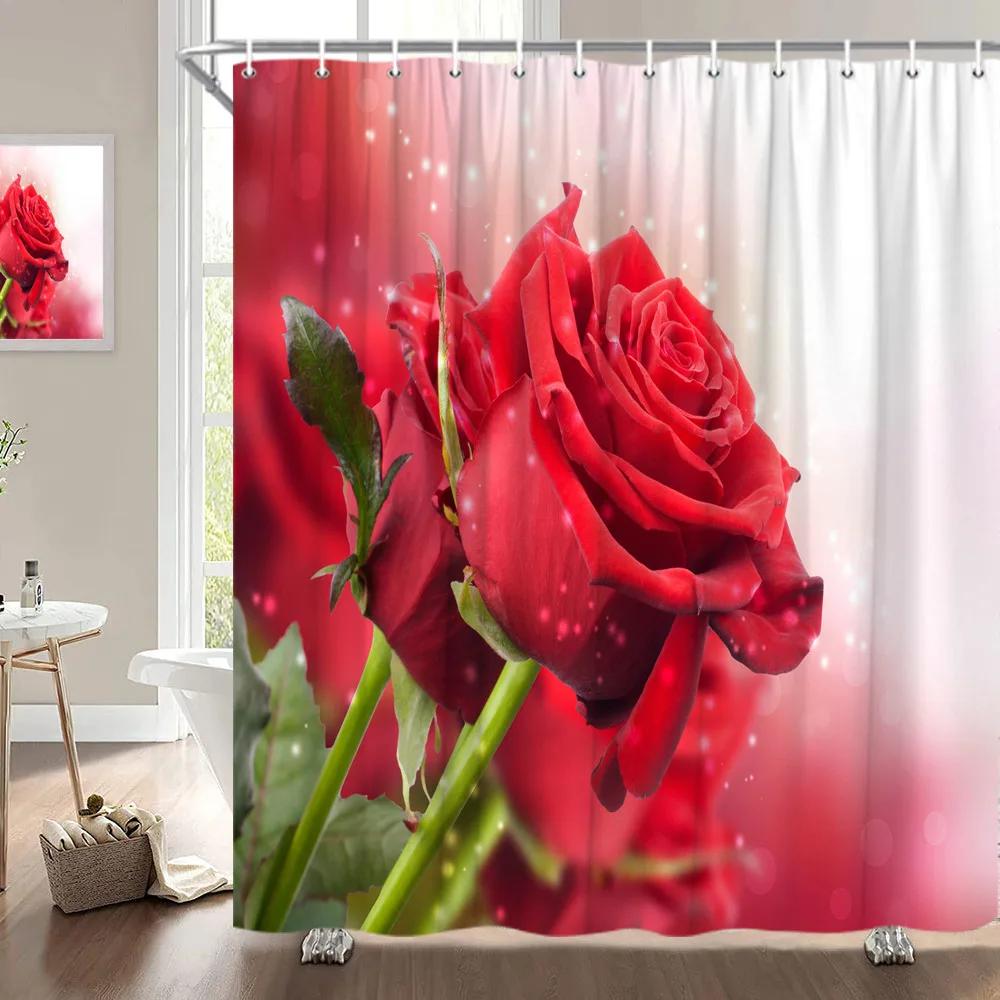 Alla hjärtans dag Duschdraperi, Rosblomma Hjärta Romantisk Växt Kärlek Läppstift Polyester Tryckt Tyg Badrumsdekoration