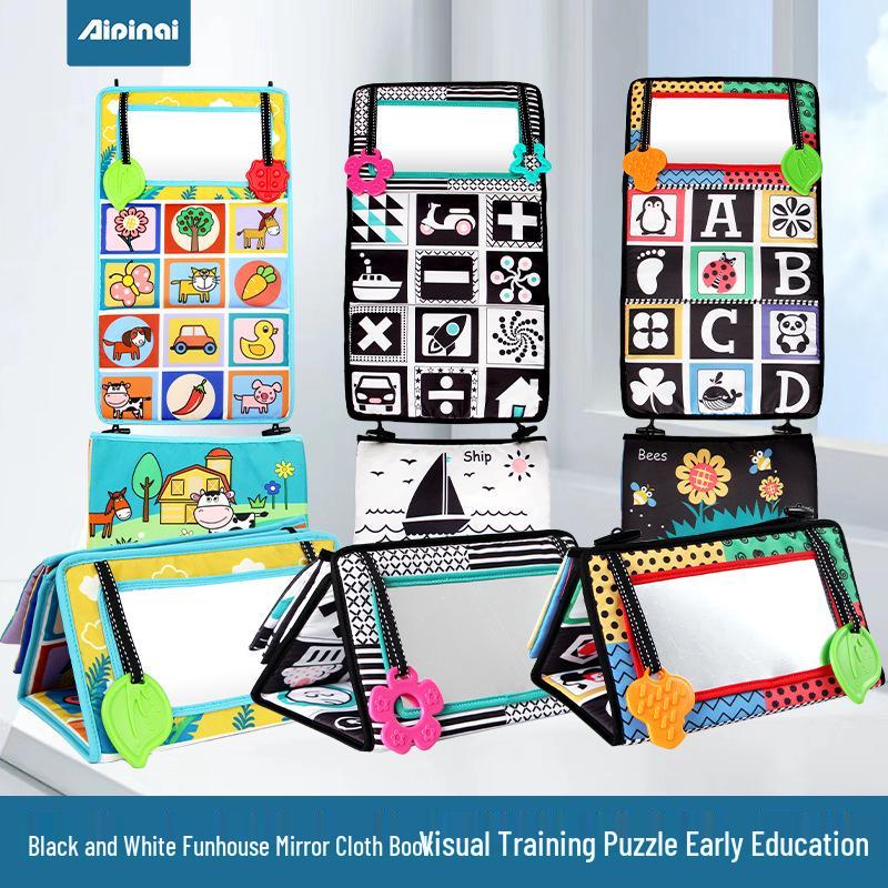 Black & White Foldable Funhouse Mirror Toy for Baby Visual Stimulation & Cognitive Development; Car, Bed & Crib Hanging Accessory.