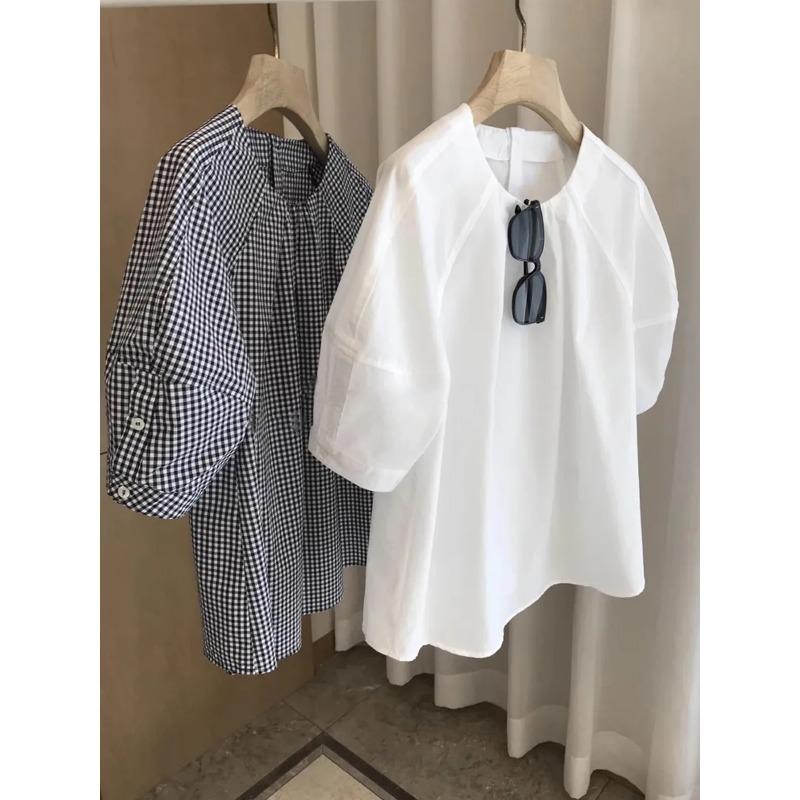 French Style Quarter-sleeved T-shirt for Women Summer Loose Plaid Top