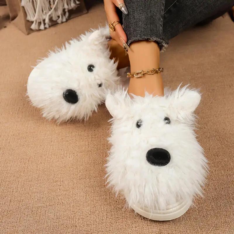Cartoon Puppy Pluizige Bont Binnenslippers Dames Winter Dikke Bodem Bontzachte Mules Slippers Warm Pluche Huispantoffels voor Dames