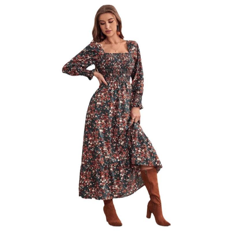 Women's Fashion Print One-line Collar Long-sleeved Dress