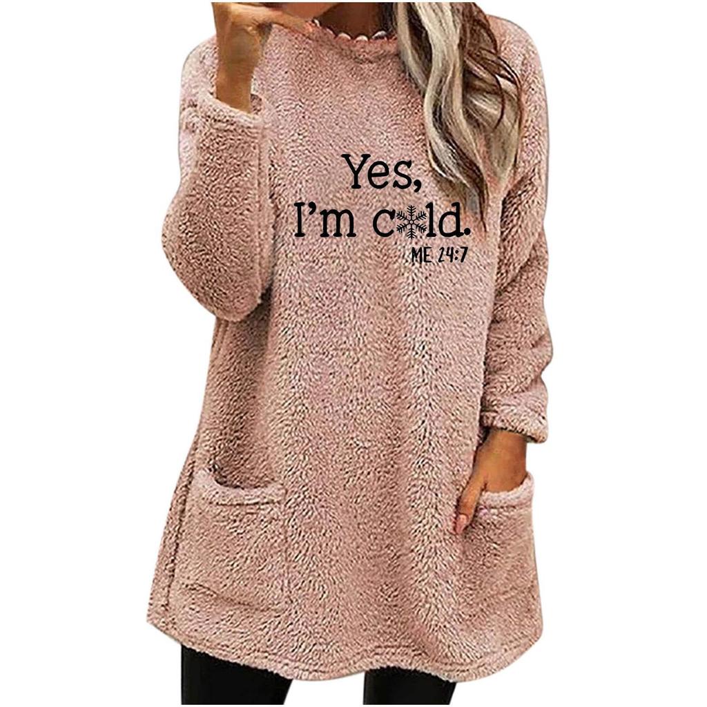 2023 Women's Loose Fit Double-Sided Fleece Crew Neck Sweatshirt with Letter Print and Pockets