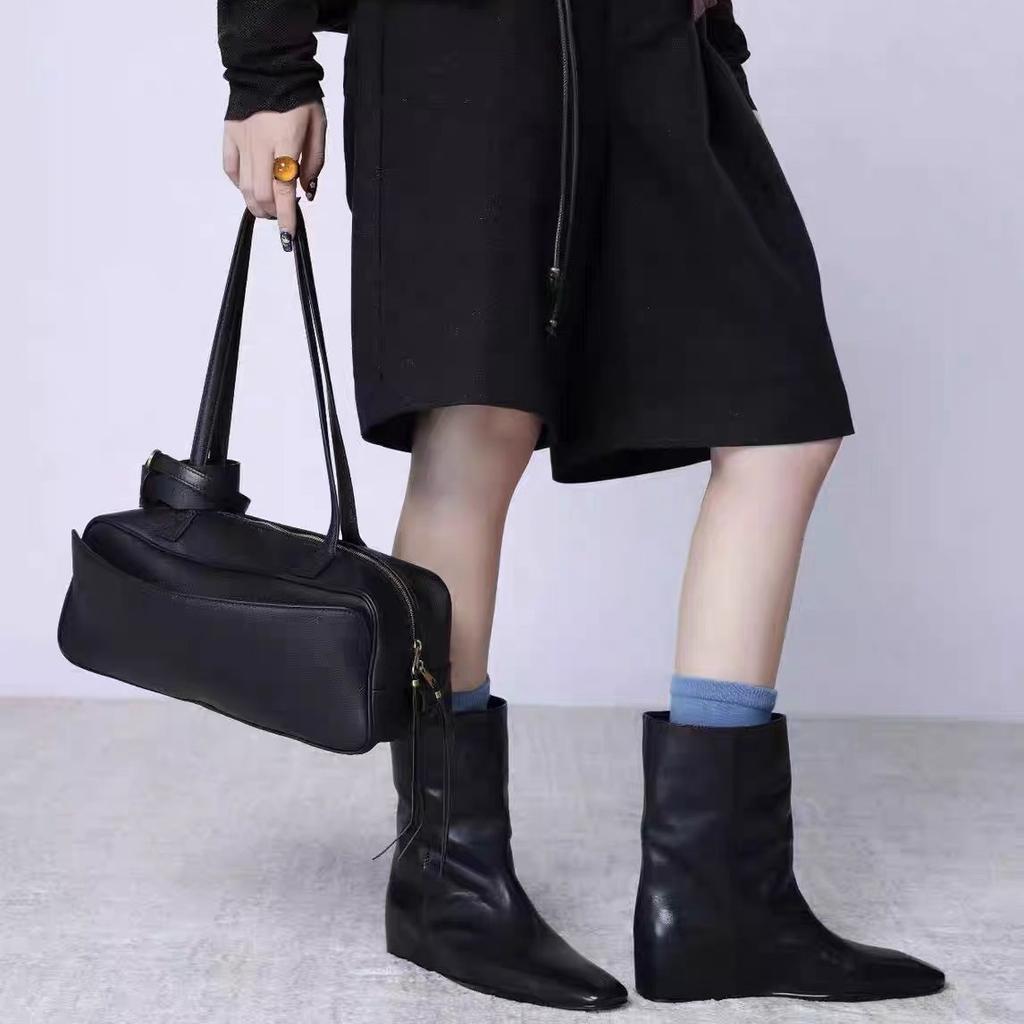 Cowhide version~ retro niche square head inner height-increasing sleeve short boots women's autumn and winter mid-tube boots Chelsea Martin boots